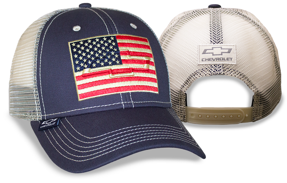 Navy cap with Stone Mesh American Flag Bowtie Chevrolet